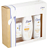 Dove Silk Glow vyživující sprchový gel 250 ml + toaletní mýdlo 100 g + Silk Dry antiperspirant sprej 150 ml, kosmetická sada