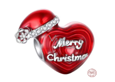 Charm Sterlingové stříbro 925 Vánoční srdce - Merry Christmas s čepičkou, korálek na náramek vánoce