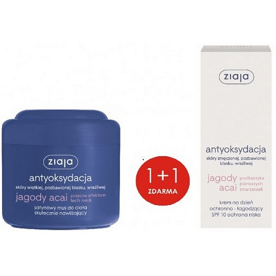 Ziaja Acai Berry saténová hydratační pěna na tělo 200 ml + Acai Berry SPF 10 ochranný, zklidňující denní pleťový krém 50 ml, duopack