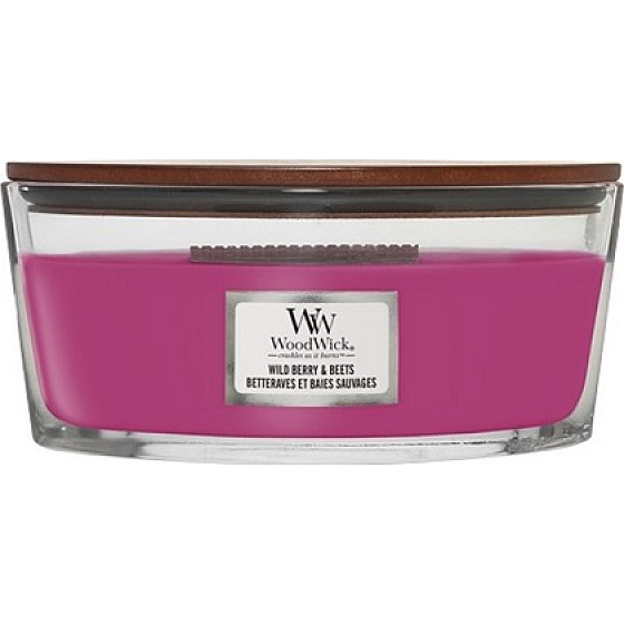 WoodWick Wild Berry & Beets - Lesní ovoce a řepa vonná svíčka s dřevěným širokým knotem a víčkem loď 453 g