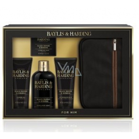 Baylis & Harding Men Černý pepř a Ženšen 2v1 šampon a sprchový gel 300 ml + toaletní mýdlo 150 g + balzám po holení 130 ml + sprchový gel 130 ml + toaletní taška, kosmetická sada pro muže