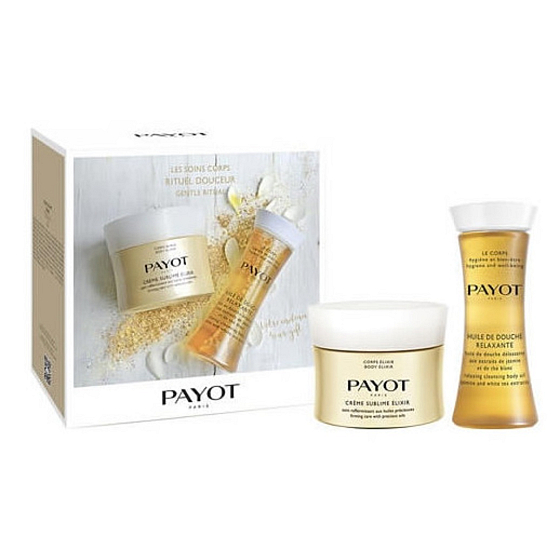 Payot Body Care Elixir Creme Sublime Elixir zpevňující péče se vzácnými oleji 200 ml + Huile de Douche Rellaxante Relaxační sprchový olej s výtažky jasmínu a bílého čaje 125 ml, kosmetická sada