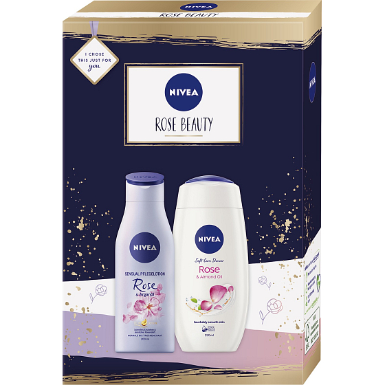 Nivea Rose Beauty tělové mléko 200 ml + sprchový gel 250 ml, kosmetická sada pro ženy