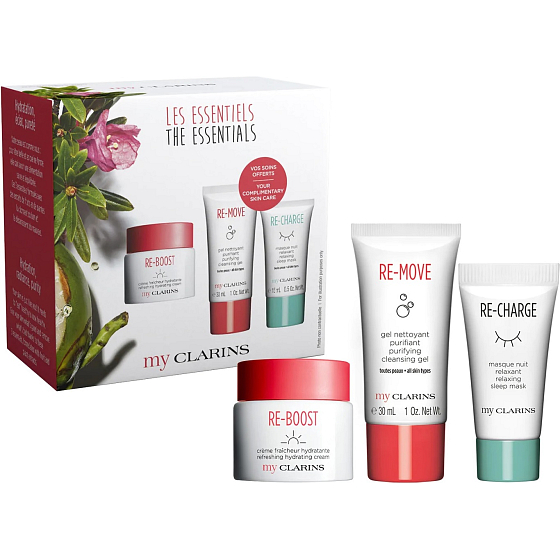 Clarins MyClarins Loyalty VP Re-Boost hydratační krém 50 ml + Re-Move čisticí gel 30 ml + Re-Charge relaxační noční maska 15 ml, kosmetická sada