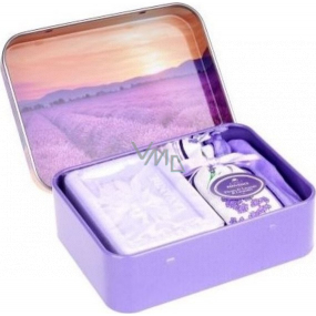 Esprit Provence Levandule toaletní mýdlo 60 g + levandulový vonný pytlík + plechová krabička s obrázkem levandulového pole, kosmetická sada pro ženy