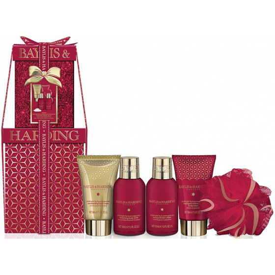 Baylis & Harding Fík a Granátové jablko sprchový gel 100 ml + sprchový krém 100 ml + tělové mléko 50 ml + krém na ruce 50 ml + krystalky do koupele 25 g + masážní houbička, kosmetická sada