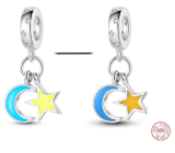 Charm Srebrna 925 Luminozna - Księżyc i gwiazda, które świecą w ciemności, zawieszka na bransoletkę kosmos