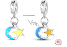 Charm Srebrna 925 Luminozna - Księżyc i gwiazda, które świecą w ciemności, zawieszka na bransoletkę kosmos