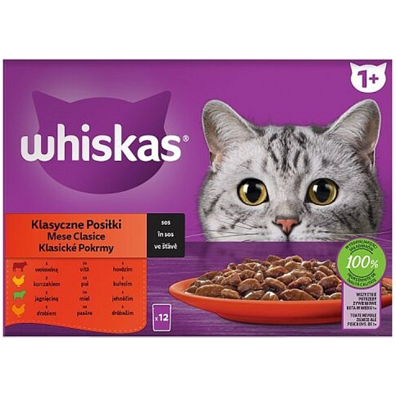 Whiskas Klasyczne potrawy w sosie wołowym, kurczak, jagnięcina, indycze kapsułki 12 x 85 g