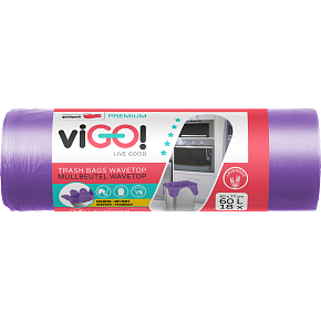 viGO pachnące worki na odpady z uchami, lawenda, 10 µ, 60 × 72 cm, 60 l, 18 sztuk