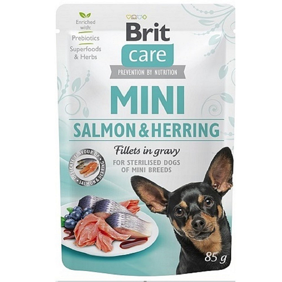 Brit Care Mini Łosoś & Śledź Filety w Sosie kompletné superprémium karma dla kastrowaných dorosłych psów mini ras kapsička 85 g