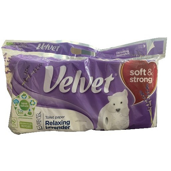 Velvet Relaksujący Lawendowy jemny biały papier toaletowy z kwiatowym nadrukiem 150 arkuszy 3 warstwy 8 sztuk