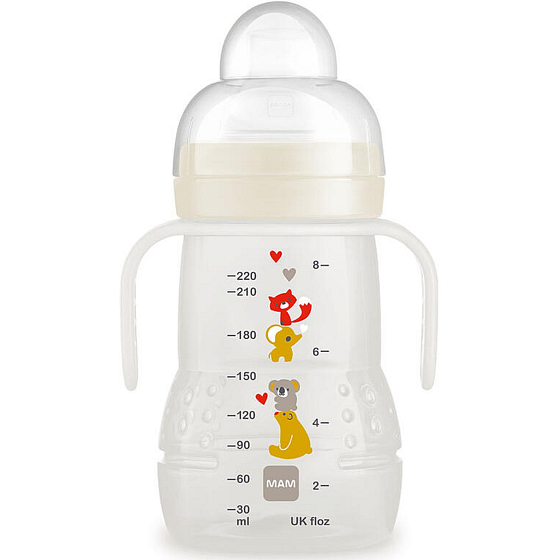 Mam Trainer láhev pro snadný přechod od kojení nebo lahve k hrnku 4+ měsíců Bílá 220 ml