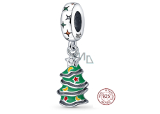 Charm Srebrny 925 Zielona Choinka, Ozdobiony, Zawieszka na Bransoletkę Święta