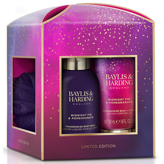 Baylis & Harding Fík a Granátové jablko tělové mléko 50 ml + sprchový gel 100 ml + tělová houbička, kosmetická sada pro ženy