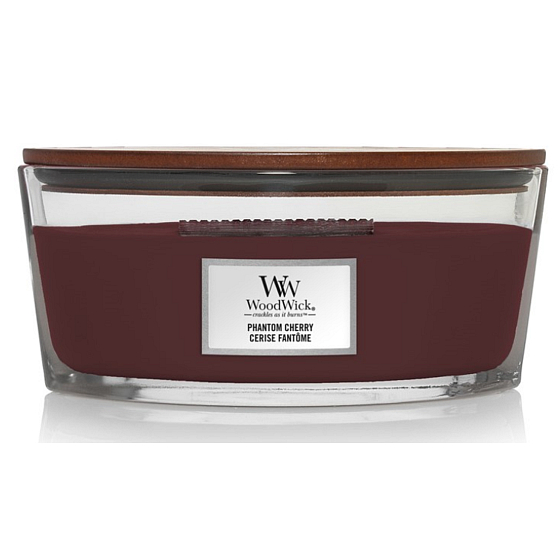 WoodWick Phantom Cherry - Przezroczysta trześień zapachowa świeczka z drewnianym szerokim knotem i wieczkiem szklanym 453 g