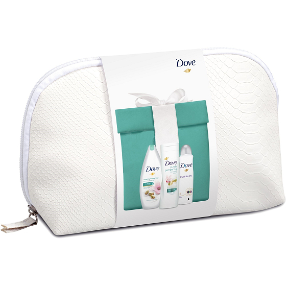 Dove Pistachio Purely Pampering Cream with Magnolia sprchový gel 250 ml + Pistácie a magnólie tělové mléko 250 ml + Invisible Dry antiperspirant sprej 150 ml + etue, kosmetická sada