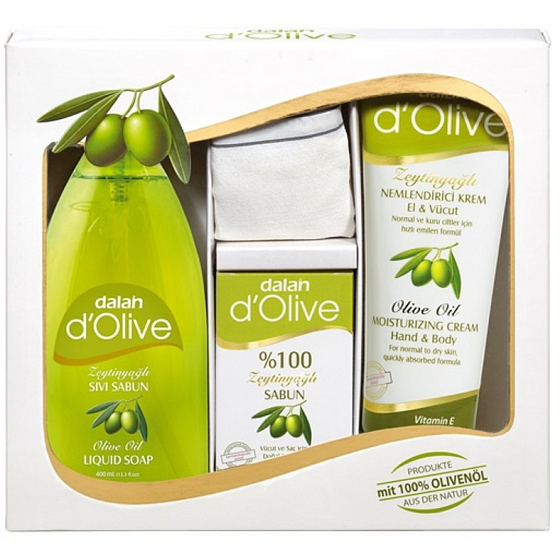 Dalan d Olive tekuté mýdlo 400 ml + toaletní mýdlo 150 g + zvláčňující krém 250 ml + žínka, kosmetická sada