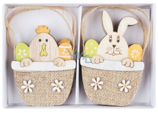 Królik drewniany ze świnką i króliczkiem do zawieszenia 8,5 cm 4 sztuki w pudełku