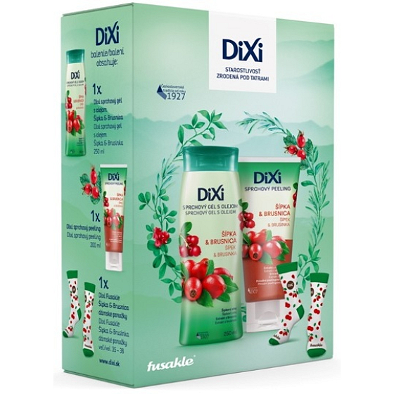 Dixi Šípek a Brusinka sprchový gel 250 ml + sprchový peeling na tělo 200 ml + ponožky pro ženy velikost: 36-40, kosmetická sada