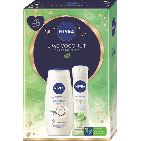 Nivea Lime Coconut Coconut & Jojoba Oil krémový sprchový gel 250 ml + Fresh Citrus antiperspirant deodorant sprej 150 ml, kosmetická sada pro ženy