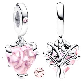 Charm Srebrny 925 Różowe drzewo życia, jedno serce, jeden pochodzenie, zawieszka na bransoletkę rodzina