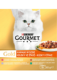 Purina Gourmet Gold dla kotów, kaczka z oliwkami, pstrąg z warzywami, królik z marchewką, cielęcina, 8x85 g