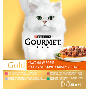 Purina Gourmet Gold dla kotów, kaczka z oliwkami, pstrąg z warzywami, królik z marchewką, cielęcina, 8x85 g