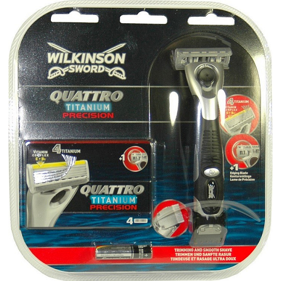 Wilkinson Quattro Titanium Precision holicí strojek 1 kus a 4 náhradní hlavice, kosmetická sada