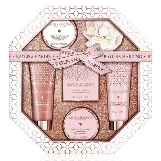 Baylis & Harding Jojoba, Hedvábí a Mandlový olej mýdlo 150 g + sprchový krém 130 ml + tekuté tělové mýdlo 130 ml + krystalky do koupele 100 g + tělové máslo 100 ml + žínka, kosmetická sada osmihran
