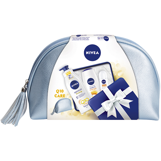 Nivea Zpevňující tělové mléko Q10 + vitamín C 400 ml + Care & Orange sprchový gel 250 ml + Stress Protect kuličkový antiperspirant 50 ml + etue, kosmetická sada