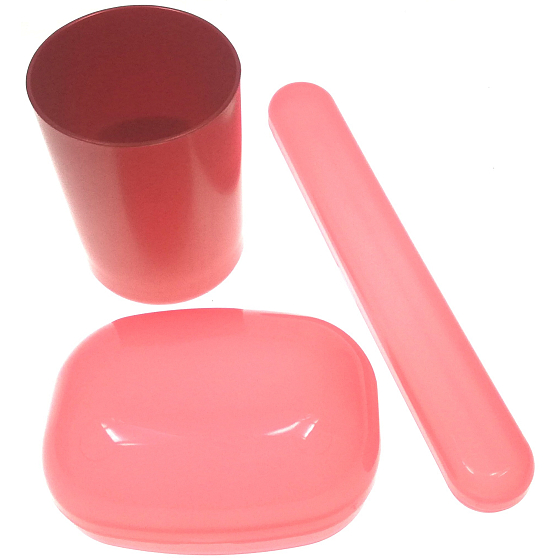 Plastic Nova Toaletní sáček souprava - cestovní toaletní sada červená, kelímek, pouzdro na kartáček a mýdlo 3 kusy