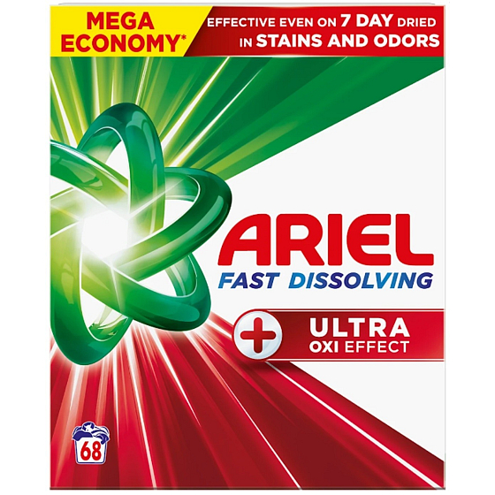Ariel Plus Ultra Oxi Effect BOX prací prášek na bílé i stálobarevné prádlo, 68 dávek, 3,74 kg