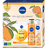 Nivea You Got This Orange Q10 Energy textilní pleťová maska 1 kus + Fresh Blends Apricot sprchový gel 300 ml + Fresh Blends Orange antiperspirant deodorant sprej 150 ml, kosmetická sada pro ženy