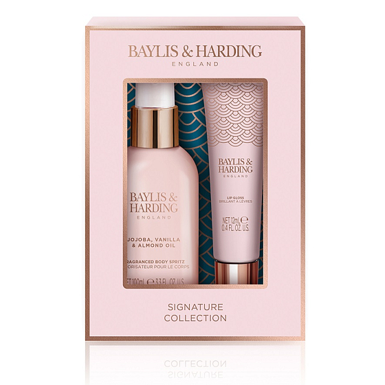 Baylis & Harding Jojoba, wanilia i olej migdałowy spray do ciała 120 ml + błyszczyk do ust 12 ml, zestaw kosmetyczny dla kobiet