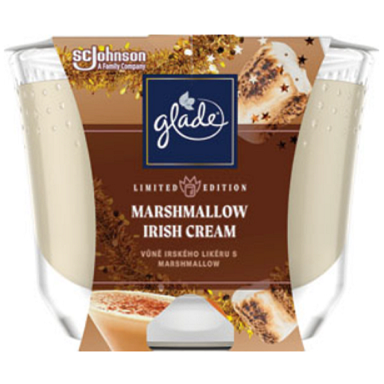 Glade Marshmallow Irish Cream s vůní irského likéru a marshmallow vonná svíčka ve skle, doba hoření až 52 hodin 224 g