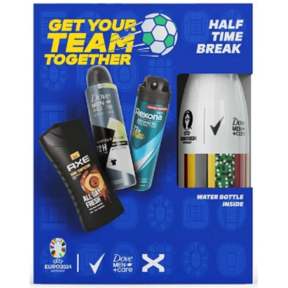 Rexona Euro 2024 Advanced Protection Cobalt Dry antiperspirant sprej + Axe Dark Temptation żel pod prysznic + Dove Men +Care Invisible Fresh antiperspirant sprej 150ml + termoláhev zestaw prezentowy dla mężczyzn