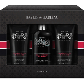 Baylis & Harding Men Černý pepř a Ženšen mycí gel na tělo a vlasy 300 ml + balzám po holení 200 ml + sprchový gel 200 ml, kosmetická sada