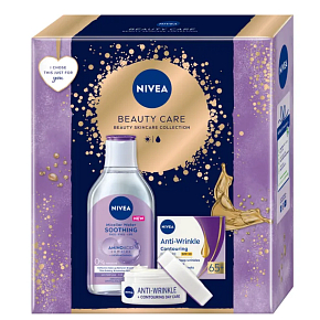 Nivea Beauty Care Antiwrinkle krem do poprawy konturu 65+ 50 ml + Nivea Sensitive kojący płyn micelarny 400 ml, zestaw kosmetyczny dla kobiet