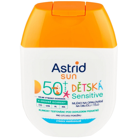 Astrid Sun Kids OF50+ Sensitive mléko na opalování 60 ml – dětské mléko s vysokým ochranným faktorem SPF 50+, speciálně vyvinuté pro citlivou pokožku dětí.