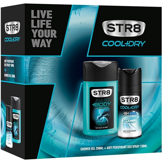 Str8 Cool + Dry Skin Protect 48h antiperspirant deodorant sprej pro muže 150 ml + Oxygen Burst sprchový gel 250 ml, kosmetická sada