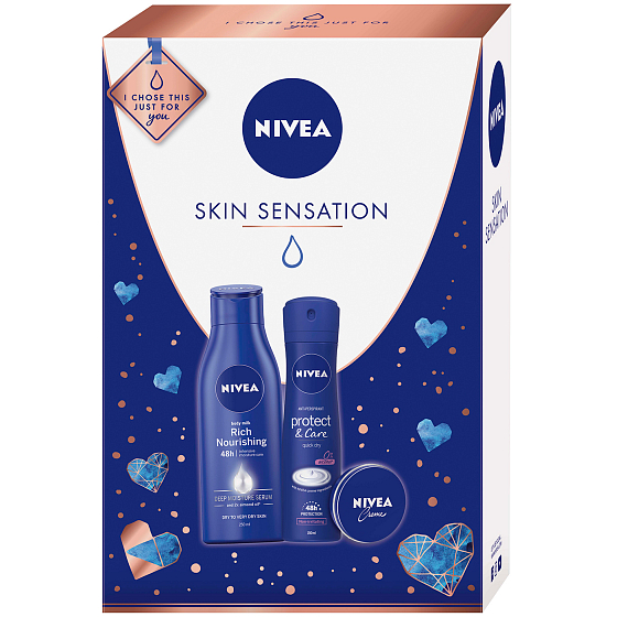 Nivea Skin Sensation výživné tělové mléko pro ženy 250 ml + Protect & Care antiperspirant sprej pro ženy 150 ml + krém 30 ml, kosmetická sada