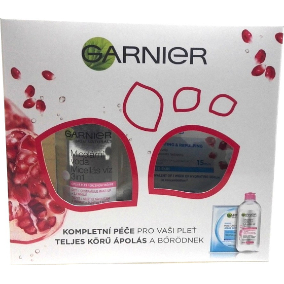 Garnier Skin Naturals micelární voda 3v1 pro citlivou pleť 400 ml + Moisture + Aqua Bomb superhydratační vyplňující textilní pleťová maska 32 g, kosmetická sada