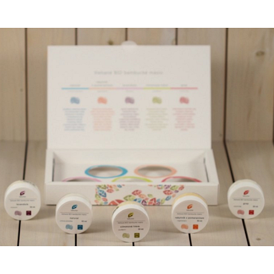 Aromatica Bebutter Bio Natural šlehané bambucké máslo citlivá pokožka 50 ml + Rakytník s pomerančem regenerace 50 ml + Levandule relaxace 50 ml + Citronová tráva osvěžení 50 ml + Grep celulitida 50 ml, kosmetická sada