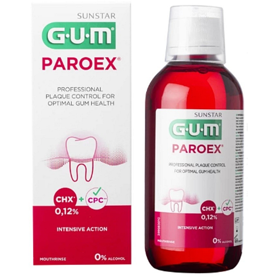 Gum Paroex woda do płukania, płukanie CHX 0,12% profesjonalny preparat do usuwania płytki z dziąseł dotkniętych zapaleniem lub paradontozą 300 ml