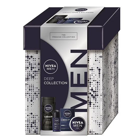 Nivea Men Deep Collection Comfort woda po goleniu 100 ml + Nivea Men Creme krem do twarzy, ciała i rąk 75 ml + Nivea Men Deep Darkwood antyperspirant roll-on 50 ml + Nivea Men Deep Clean żel pod prysznic 250 ml, zestaw kosmetyków dla mężczyzn