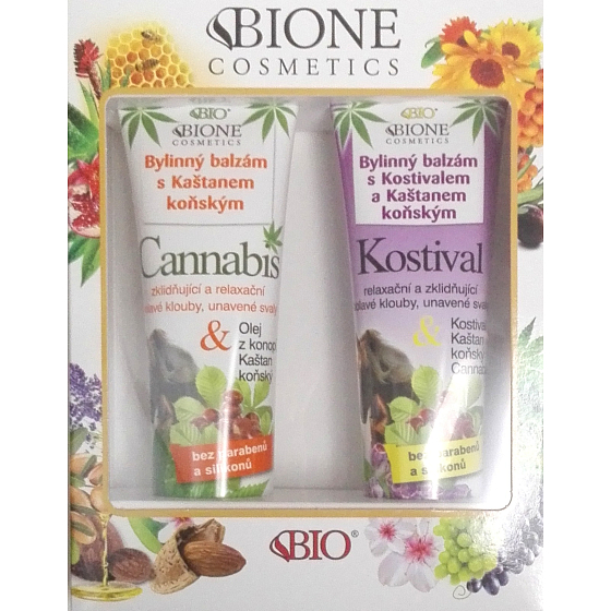 Bione Cosmetics Kostival & Kasztan koński balsam ziołowy 300 ml + Cannabis balsam ziołowy z kasztanem końskim 300 ml, zestaw kosmetyczny