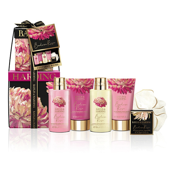 Baylis & Harding Tajemná růže mycí gel 100 ml + sprchový krém 100 ml + tělové mléko 50 ml + krém na ruce 50 ml + sůl do koupele 25 g + mycí houba, kosmetická sada pro ženy