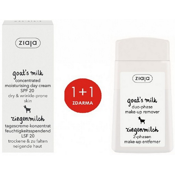 Ziaja Kozí mléko SPF 20 koncentrovaný denní krém 50 ml + kozí mléko dvoufázový odličovač očí a rtů 120 ml, duopack