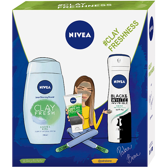 Nivea Clay Fresh Zázvor & Bazalka sprchový gel s jílem 250 ml + Black & White Fresh antiperspirant sprej pro ženy 150 ml + Urban Skin Detox 3v1 čisticí krém 150 ml, kosmetická sada